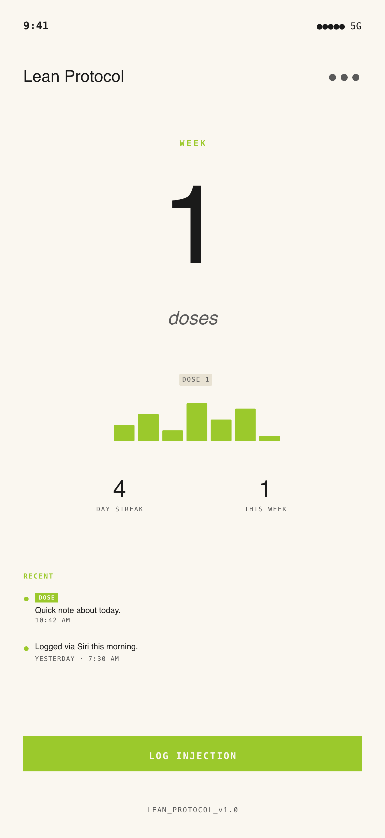 The Lean Protocol home screen: the current dose, the next one due, and the week's figures